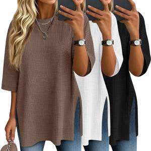 lot 1865 image: Baggyfly 3 Pack Womens 34 Sleeve Waffle Knit Tops Oversized Crewneck T-Shirts Loose Casual Blouses Side Split Tees(Black, White, Khaki,Large)