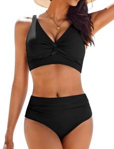 lot 1873 image: AIMAGE Bikini Set for Women Ruched High Waisted Two Piece Swimsuit Twist Front Cut Out Adjustable Straps Bathing Suit Black medium