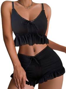 lot 1878 image: SweatyRocks Womens 2 Piece Lingerie Set Ruffle Trim Tie Front Cami Top and Shorts Sleepwear Black S