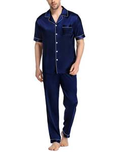 lot 1881 image: SWOMOG Mens Satin Pajama Set Short Sleeve Classic Sleepwear Button Down Silky Loungewear with Long Pants Deep Navy Blue Large