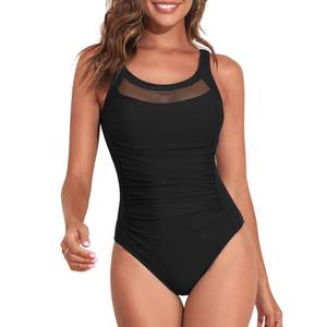 lot 1892 image: Century Star Modest Swimsuits for Women - Elegant High Neck Mesh One Piece Tummy Control Full Coverage Sexy Bathing Suit Slimming Retro Vintage Ladies U Back Swimwear Black Large