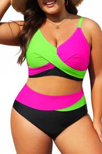 lot 2001 image: Tempt Me Plus Size Two Piece Swimsuit - Green Pink Black Women High Waisted Bikini Set Tummy Control Bathing Suits 18 Plus