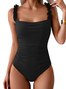 lot 2012 image: Eomenie Womens One Piece Swimsuit Tummy Control Square Neck Bathing Suit Ruffle Straps Ribbed Swimwear Black XL