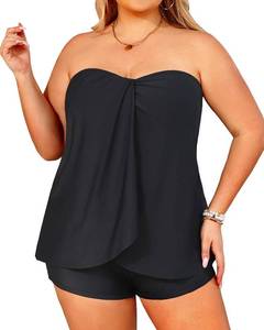lot 2022 image: Daci Plus Size Bandeau Tankini Swimsuit for Women Two Piece Halter Swim Top with Shorts Flyaway Tummy Control Bathing Suits Black XL