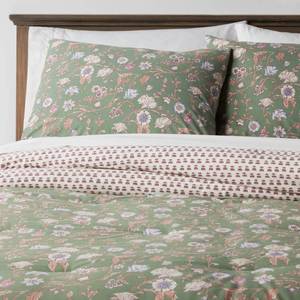 lot 2046 image: 3pc King Boho Reversible Printed Comforter & Sham Set Green Floral - Threshold Cotton Blend, Quilted Design, OEKO-TEX Certified