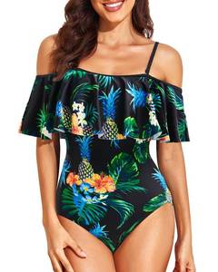 lot 2057 image: Tempt Me Green Pineapple Off Shoulder One Piece Swimsuit for Women Ruffled Sleeves Retro Bathing Suits Flounce Printed Swimwear L&nbsp