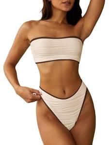 lot 2060 image: ZAFUL Women Strapless Wave Bandeau Bikini 2 Piece Swimwear Cheeky Solid Lace up Bathing Suits 15-Beige M - Retail $31