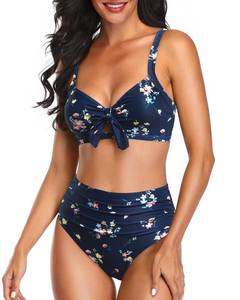 lot 2061 image: Tempt Me Navy Floral Two Piece Swimsuits - High Waisted Bikini Tummy Control Full Coverage Bathing Suits Ruched Tie Knot Swimwear M