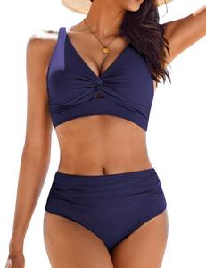 lot 2091 image: AIMAGE Bikini Set for Women Ruched High Waisted Two Piece Swimsuit Twist Front Cut Out Adjustable Straps Bathing Suit Navy Blue medium