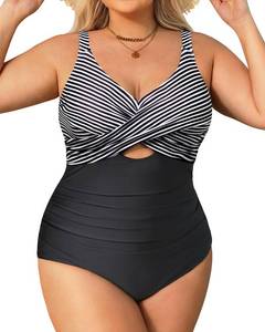 lot 2092 image: Daci Black Striped Plus Size One Piece Swimsuits - Tummy Control Bathing Suit for Women Cutout Swimwear 20W - Retail $33
