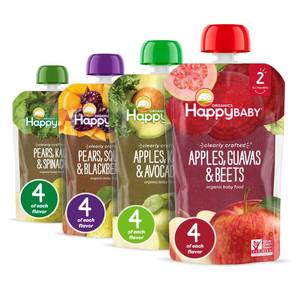 lot 2120 image: Happy Baby Organics Stage 2 Baby Food Pouches, Gluten Free, Vegan & Healthy Snack, Clearly Crafted Fruit & Veggie Puree, Fruit & Veggie Variety Pack, 4 Ounces (Pack of 16), Amazon Exclusive (BB MAY.31.36)