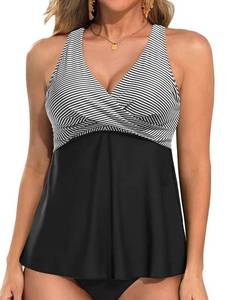lot 2131 image: Tempt Me Women Black Stripe Tankini Top Only Flowy Swim Tops V Neck Bathing Suit Top XXL