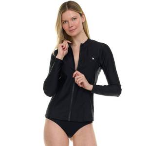 lot 2136 image: Hurley Rash Guard for Women Full Zip, Zip Up Long Sleeve Swim Shirts for Women, Surfing Top UPF 50 SPF Sun & UV Protection Black Large
