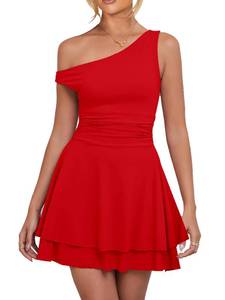 lot 2138 image: Kaximil Womens Sexy Ruffle Hem Mini Dress One Shoulder A Line Ruched Short Party Dresses, Large, Red XS