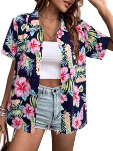 lot 2151 image: MYHALF Women Hawaiian Shirt Soft Cool Summer Hawaii Shirts Floral Tropic Print V Neck T-Shirt Short Sleeve Button Up Tops Large