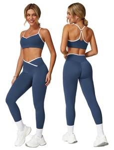 lot 2166 image: ABOCIW Womens Workout Sets Color Block Strappy Sports Bra Crossover High Waist Leggings Gym Set 2 Piece Yoga Pilates Outfits Active Wear Navy Medium