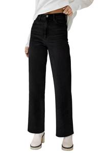 lot 2175 image: KDF Straight Leg Jeans for Women High Waisted Jeans Frayed Baggy Pants Raw Hem Loose Stretchy Cropped Wide Leg Jeans Black Size 8 - Retail $40