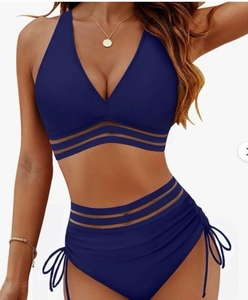 lot 2181 image: Blooming Jelly Womens High Waisted Bikini Tummy Control Swimsuits Two Piece Drawstring Bathing Suit (M, Navy Blue Mesh)