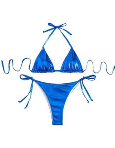 lot 2183 image: Falainetee Womens Metallic Shiny Bathing Suit High Waisted Triangle Tie Side Swimsuit Bikini Set Light Blue S