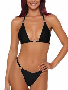 lot 2203 image: Women Bikini Set Two Piece Swimsuit Sexy Thong Bathing Suit Halter Triangle Tops Cheeky Bikini (Black, Medium)