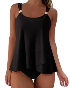 lot 2216 image: SUUKSESS Women Ruffle High Waisted Tankini Swimsuits Slimming Tummy Control Bathing Suits 2 Piece (Black, XL)
