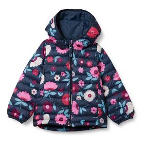 lot 2221 image: Amazon Essentials Girls Lightweight Water-Resistant Packable Hooded Puffer Jacket, Navy Floral, Large - Retail $26