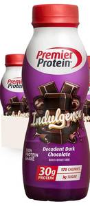 lot 2242 image: Premier Protein Shake INDULGENCE, Decadent Dark Chocolate, 30g Protein, 170 Calories, 3g Sugar, 11.5 fl oz, 4 Pack (BB FEB.19.26)