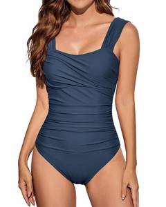 lot 2250 image: VECENEY One Piece Bathing Suit for Women Tummy Control Swimsuits Square Neck Ruched Modest Swimwear Navy L