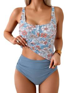 lot 2267 image: B2prity Womens Athletic Tankini Swimsuits Two Piece Adjustable Button-Up Bathing Suit Full Coverage High Waisted Swimwear Orange Floral Medium