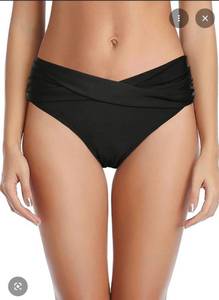 lot 2275 image: Tempt Me Women Black Twist Bikini Bottom Moderate High Cut Bathing Suit Bottoms Ruched Swimsuit Bottom L