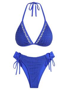 lot 2282 image: AFUL Womens Halter Triangle Bikini Set Crochet Boho Floral Swimsuit Cut Out Tie Side Two Piece Bathing Suit Royal Blue M