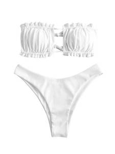 lot 2287 image: ZAFUL Womens Strapless Bikini Ribbed Tie Back Ruffle Cutout Bandeau Bikini Set Swimsuit (0-White, S)