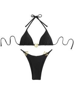 lot 2296 image: Falainetee Womens Metal Jewelry Bathing Suit High Waisted Halter Tie Back Swimsuit Bikini Set Black L