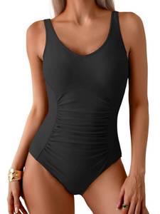 lot 2297 image: Aidonger One Piece Swimsuit Tummy Control Bathing Suit for Women Ruched Slimming Swim Suit Modest Push Up Swimwear Black XL