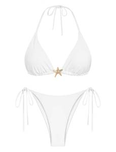 lot 2334 image: ZAFUL Womens Sexy Halter Bikini Sets Beads Tie Side Solid Triangle Thong Swimsuit Two Piece Cheeky Bathing Suits (4-White, M)