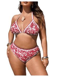 lot 2337 image: OYOANGLE Womens Plus Size Floral Print Bikini 2 Piece Swimsuit Triangle Halter Bathing Suit High Waisted Swimwear Red 1XL