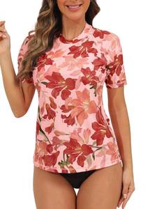 lot 2342 image: Halcurt Womens Short Sleeve Rash Guard Swimsuit Top with Built in Bra Swim Shirt UPF50 Quick Dry Bathing SuitBrick Red Floral XL