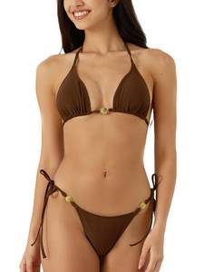 lot 2354 image: Women Thong Bikini Sets String Halter Two Piece Sexy Swimsuit Cheeky Solid Color Bathing Suit (Brown, Medium)