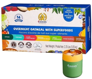 lot 2369 image: Sungiven Overnight Oatmeal with Superfoods 14 Packet Variety Pack 7 Flavors  Reusable Container