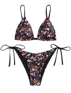 lot 2383 image: ZAFUL Womens Triangle Bikini Floral String Bikini Set Two Piece Swimsuit Bathing Suits (2-Black Flower, S)