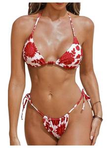 lot 2396 image: MakeMeChic Womens Halter Bikini Sets Floral Print Tie Side Triangle Ruched Swimsuit Multicolor Large