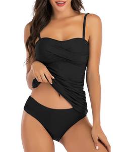 lot 2397 image: Shuangyu Tankini Bathing Suits for Women Ruched Bandeau Two Piece Swimwear Tummy Control Tankini Swimsuits with Bikini Bottom Black L