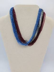 lot 674006 image: Multistrand Sparkling Seed Bead Necklace  Blue, Red & Silver Tones