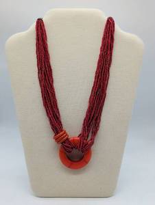 lot 674049 image: Multi-Strand Red Seed Bead Necklace with Circular Pendant