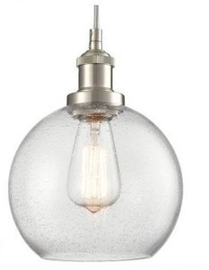 lot 11378 image: Modern Brushed Nickel Pendant Light with Seeded Glass Globe Shade