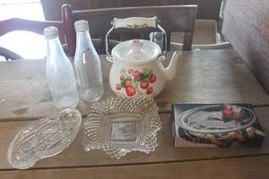 lot 4241 image: Vintage Metal Tea Kettle, Relish Dishes & More