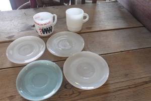 lot 4249 image: Vtg. Fire King Saucers, Coffee Cup & More