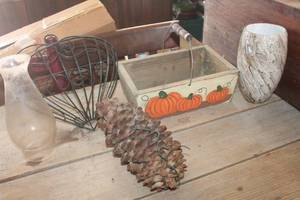 lot 4278 image: Metal Wall Dcor Basket, Oil Lamp Shade & More