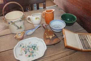 lot 4291 image: Vtg. Cream Pitchers, Butter Paddle & More