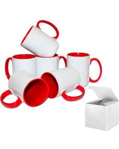 lot 70770 image: White Sublimation Ceramic Mugs with Red Handle and Interior - Set of 6 11oz  - Retail $24